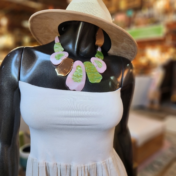 Pink, Green and Goldtone Statement Necklace with Earrings Set - Picture 11 of 17